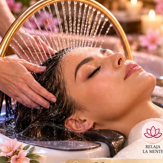 Ritual Head Spa japonés con arco de agua caliente sobre el cuero cabelludo
